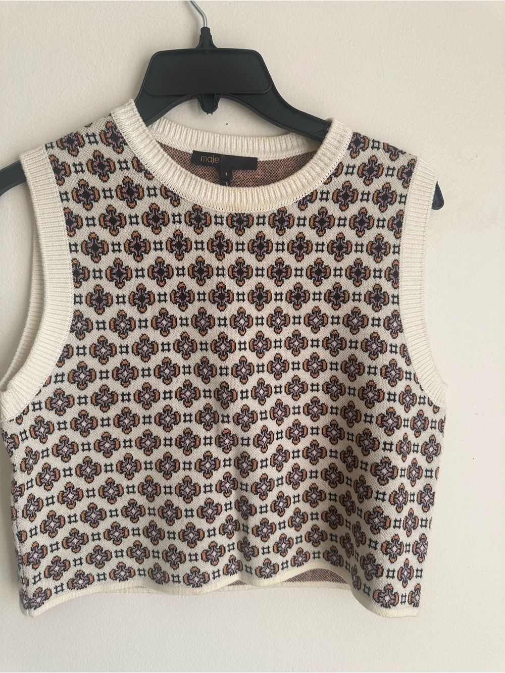 Maje Cream Knit Cropped Sleeveless Top with Brown & Black Motif